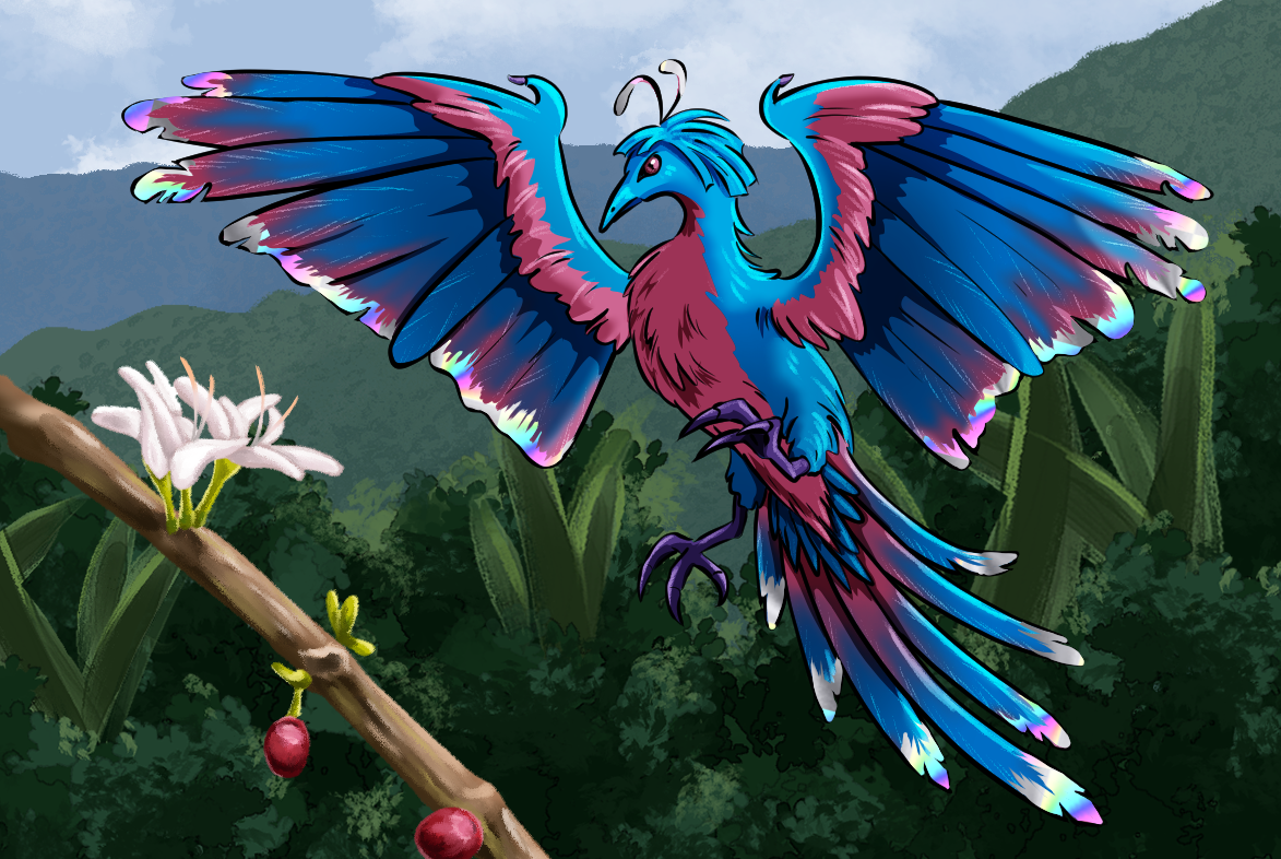 Shiny blue and rose-pink Archaeopteryx with spread wings above green hills, beside coffee blossom and cherries
