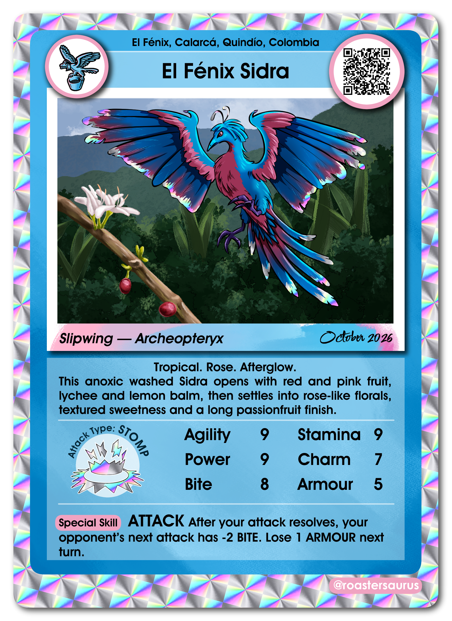 Full shiny El Fénix Sidra card: Slipwing Archaeopteryx, Stomp, Tropical. Rose. Afterglow., with stats and the ATTACK special skill